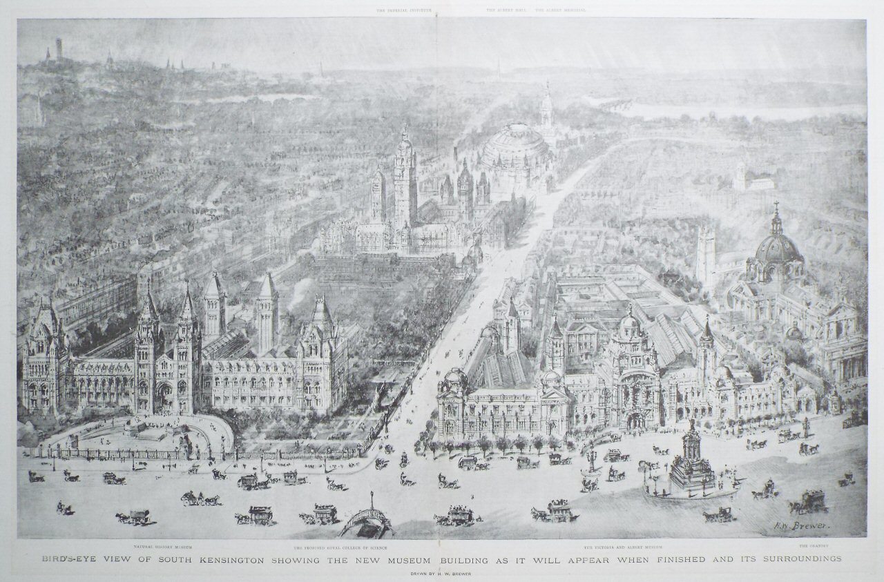 Lithograph - Bird's Eye View of South Kensington, showing the new Museum Building as it will will appear when Finished and its Surroundings.